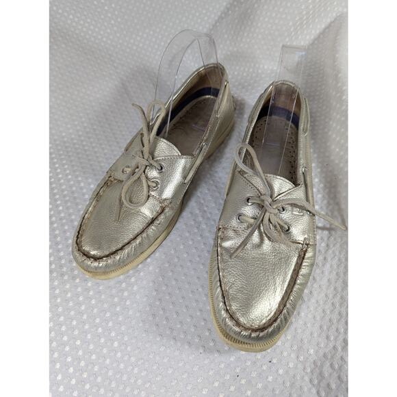 SPERRY TOPSIDER! GOLD GENUINE LEATHER BOAT SHOES NON-MARKING WHITE SOLE! SZ 9.5M - Picture 3 of 10